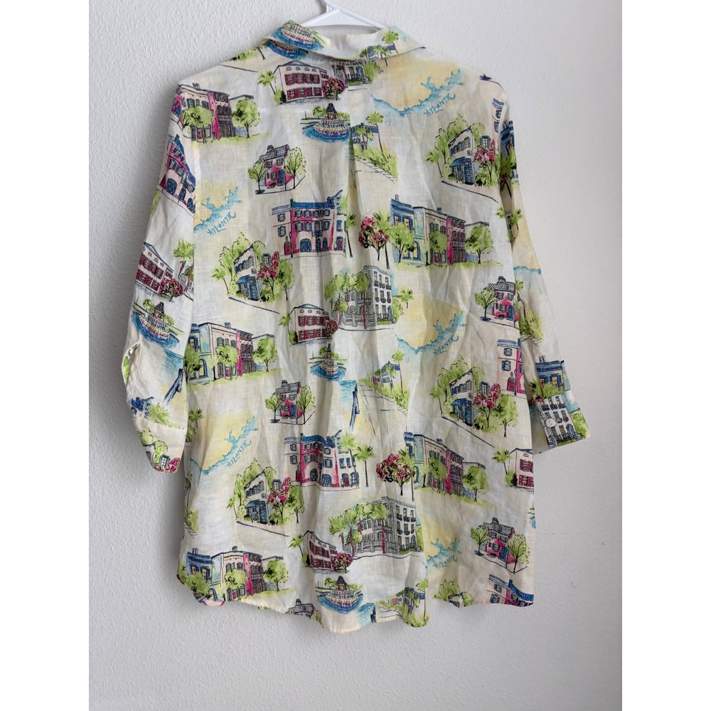 Chicos No Iron Linen Blend‎ Coastal Town Print Button Down Shirt Size 2 Large - Picture 4 of 4